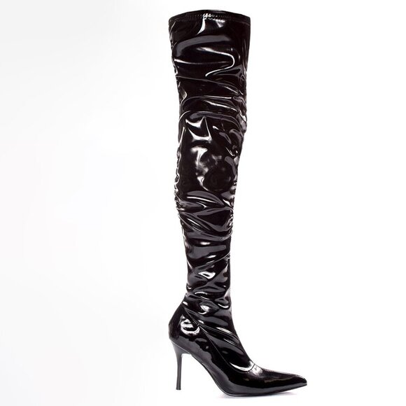 Penthouse Shoes by Elie Lala Faux Stretch Leather & Patent Thigh High Boots 9 - Picture 1 of 8